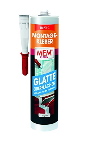 MEM Montage-Kleber Glatte Oberflächen, Innen- und Außenbereich, Wasser- und UV-beständig, Lösemittelfrei, Korrigierbar und hochflexibel, 390 g-Kartusche, Hellgrau