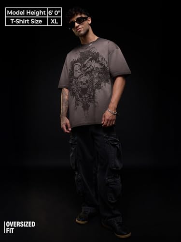 Image of The Souled Store Popeye: Skull Men and Boys Short Sleeves Round Neck Grey Graphic Printed Casual Drop Shoulder Lightweight Streetwear Cotton Oversized T-Shirt