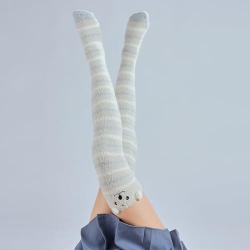 Image of Thigh High Fuzzy Socks Cute Animal Coral Fleece Over the Knee Thigh High Long Stockings Warm Stripe