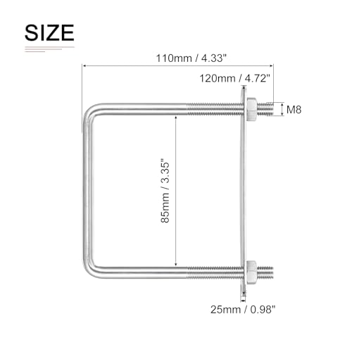 Image of DTGN M8x85x110mm(ThreadxWxL) Square U Bolt - 2Pack - Good for Trailer Pipe Replacement Parts - 304 Stainless Steel U Shape Bolts