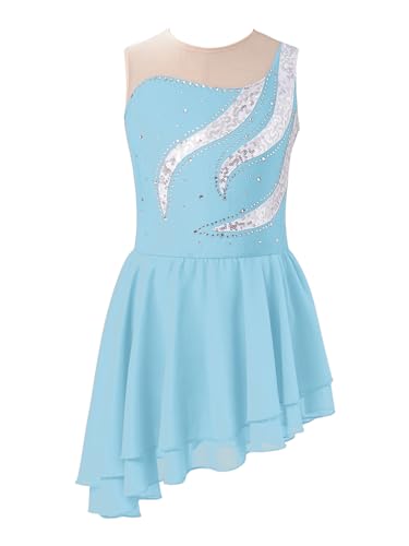 TiaoBug Mädchen Eiskunstlauf Kleid Ballettkleid Ballettanzug Langarm Body Ballett Trikot Turnanzug Eislaufen Bekleidung Wettbewerb Kostüm Gr. 110-164 Blau D 116
