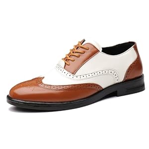 Men’s Patchwork Two Tone Brogue Oxfords Shoes Fashion Hand Stitched Leather Dress Shoes Round-Toe Lace up Low Top Business Formal Derby Shoes