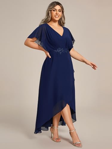 Image of Ever-Pretty Plus Women's V Neck Applique Plus Size Wedding Guest Dress Short Sleeves Maxi Formal Dresses