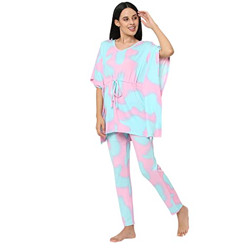 Image of Sweet Dreams Women Tie & Dye V-Neck Flared Sleeve Poly Brush Kaftaan & Pyjama Set