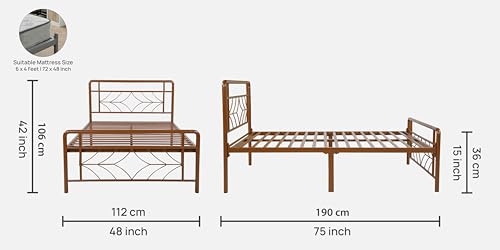 Image of Vara Metal Single Size Bed Without Storage | Wrought Iron Single Bed with Headboard & Footboard| Sturdy Powder Coated Platform Cot for Bedroom, Living Room, (Vara Brown)