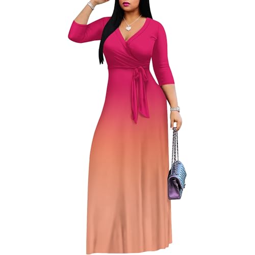 Image of PinkPatty Women's Plus Size Maxi Dresses Casual Flowy 3 /4 Sleeves Dress Printed Vacation Dress for Daily Wear with Belt