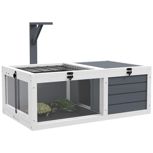 PawHut Maison enclos Cage pour Petit Animal Tortue avec 2 espaces, Support de Lampe 2 Plateaux coulissants, 81 x 48 x 31,5 cm - Bois Massif Gris