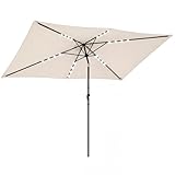 Outsunny Sombrilla Terraza Exterior, 2,9x2,5 m, Sombrilla de Jardín con 24 Luces LED Solares, Dosel Inclinable, Poste Metálico, Parasol para Patio, Terraza, Crema