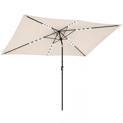 Outsunny Sombrilla Terraza Exterior, 2,9x2,5 m, Sombrilla de Jardín con 24 Luces LED Solares, Dosel Inclinable, Poste Metálico, Parasol para Patio, Terraza, Crema