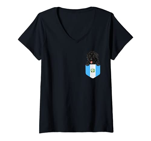 Womens Guatemala Flag Bouvier des Flandres Dog In Pocket V-Neck T-Shirt, Black