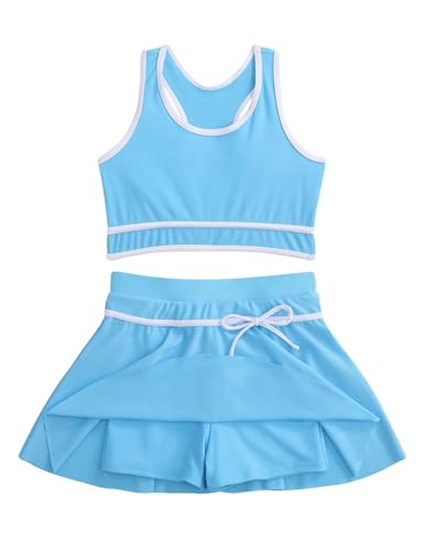 Image of Girl Swimsuit 2 Piece Bathing Suit High Waist Color Block Bikini Skirt Set Sporty Summer Swimwear 4-13Y