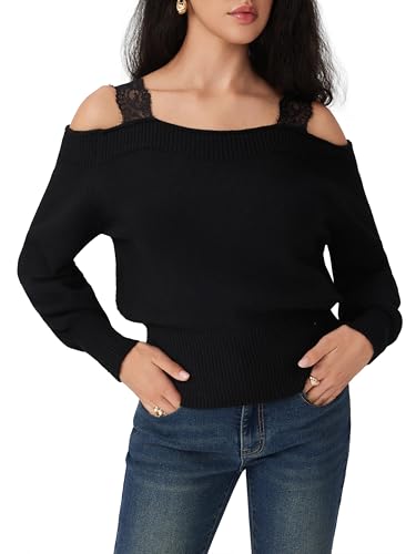 CIDER Off The Shoulder Sweaters for Women Lace Trim Long Sleeve Cropped Sweaters Knitted Pullover Sweater Trendy Fall4