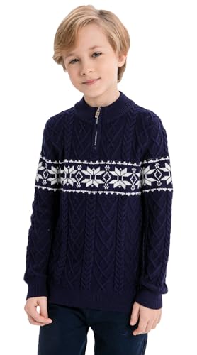SMILING PINKER Boys Christmas Sweater Cable Knit Half Zip Mock Neck Snowflake Pullover