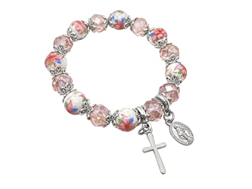 Nazareth Store Religious Cross Bracelet Pink Crystal Beaded Stretch Rosary Bracelet with Ceramic Flowers Beads Bangle Crucifix & Miraculous Medal Charm3