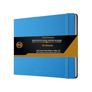 Watercolour Sketchbook Journal 300gsm /140lb 100% Cotton Paper 24 Sheets Cold-Pressed Sewn Binding 8.3" X 5.8" Album for Artists Wet Media and Mixed Techniques - Linen Fabric Blue Cover