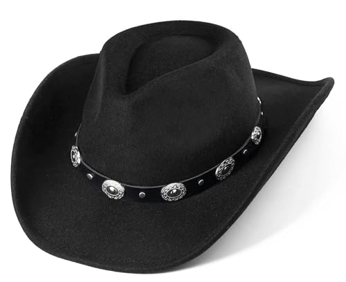 Women & Men Felt Western Cowboy Hat Classic Roll Up Brim Belt Buckle Cowgirl Fedora (M)