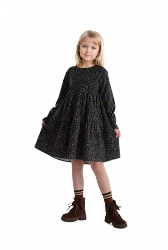 solomate Girls Floral Round Neck Long Sleeve Dresses Elastic Waist Cuffed Sleeves Print Dress for Kids2
