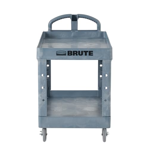 Image of Rubbermaid Commercial Products BRUTE Heavy Duty 2-Shelf Utility /Service Cart, Medium, Lipped Shelves, Ergonomic Handle, 500 lbs. Capacity, Gray, for Warehouse /Garage /Cleaning /Maintenance /Stadiums