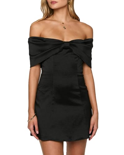 Amazon.com: YEXPINE Women's Elegant Satin Off Shoulder Bow Front Mini Dress  Stretchy Fitted Bodycon Party Club Cocktail Dress Black : Clothing, Shoes &  Jewelry