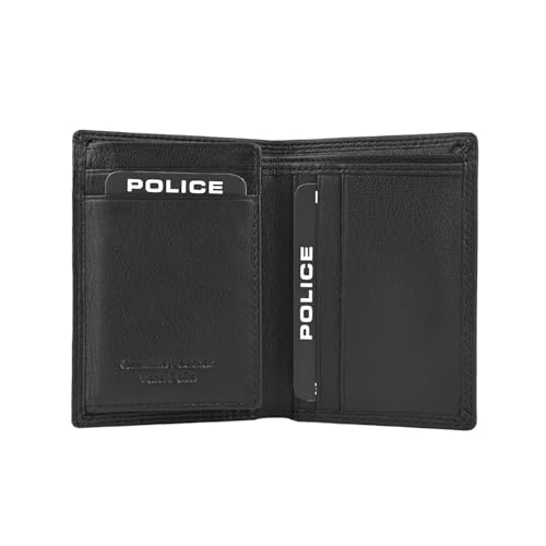Police Portefeuille Homme Cuir Véritable Noir - Format Vertical, Fin, Compact, Sans Porte-Monnaie - Coffret Cadeau