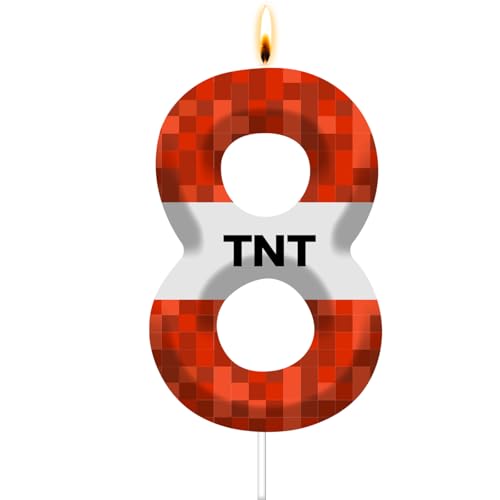 Number 8 Red Pixel Birthday Candle, Game Themed Candle Birthday Decoration, Red Birthday Cake Topper for Boys Girls Party Decor Supplies