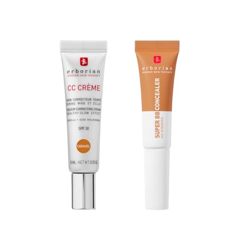 Erborian - CC Cream con Centella Asiatica Caramel 15 ml - Crema Correctora de Color + Super BB Concealer Caramel 10 ml - Corrector de Tratamiento de Alta Cobertura Enriquecido