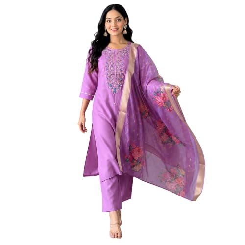 Image of Kaththai Women Embroidered Kurta and Pant Set with Dupatta | Ethnic Suit Set for Women | Floral Printed Organza Dupatta | Festive, & Traditional Kurta Set