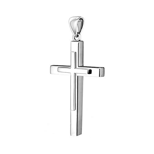 US Jewels Men's XL 925 Sterling Silver Double Christian Cross Pendant, 50mm