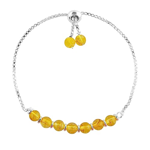 Natural Citrine Gemstone Round Beads Bolo Bracelet, Chakra Healing Crystals, Silver Plated, Adjustable Slider, Gift for Women, Birthday, Handmade, Valentine Day Gift (Citrine)