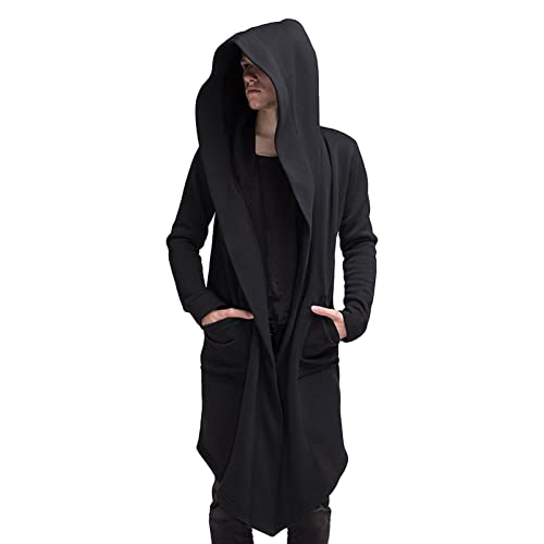 Men's Long Hooded Cardigan Lightweight Drape Cape Overcoat with Pocket Stylish Hip Hop Open Front Longline Outwear