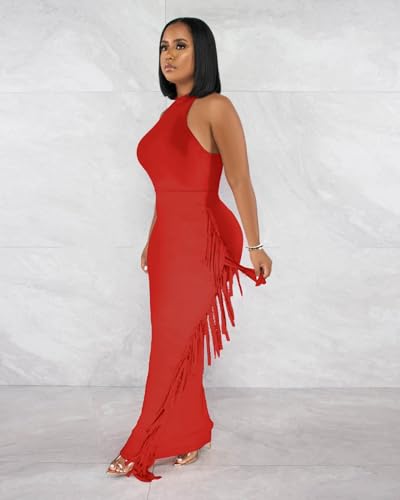 Image of 2 Piece Outfits for Women Sexy Halter Neck Sleeveless Crop Tops Ruched Bodycon Dresses Jumpsuits Fringe Skirt Sets