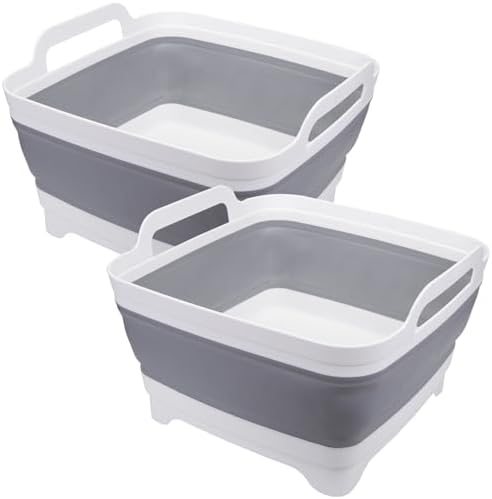 Suwimut 2 Pack Collapsible Wash Basin with Drain Plug Carry Handles, 9L Large Collapsible Sink Tub Portable Dish Tub Foldable Dishpan for Kitchen Sink, Camping Dish Washing Tub, Gray