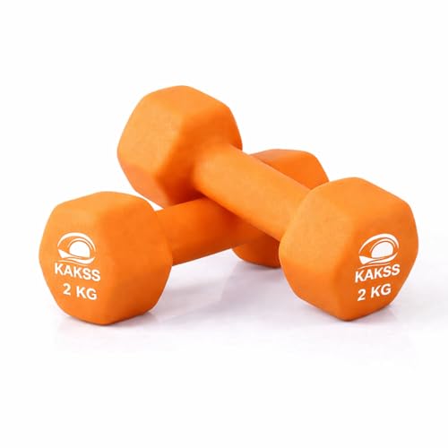 KAKSS Neoprene Dumbbells Set 4kg Pair (2 x 2kg) Orange Hex Dumbbells with Color Coded Thick Vinyl Coating and Non-Slip Grip Cast Iron Hand Weights for Women Home Gym Workouts
