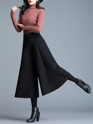 chouyatou Women's Wool Blend Culottes Capri Cropped Pants Pleated High Waist Wide Leg Palazzo Trousers3