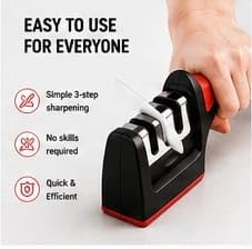 Image of Knife Sharpener with 3-Stage Sharpening System | Manual Kitchen Sharpener for Home | Professional Sharpening Tool for Steel & Ceramic Knives