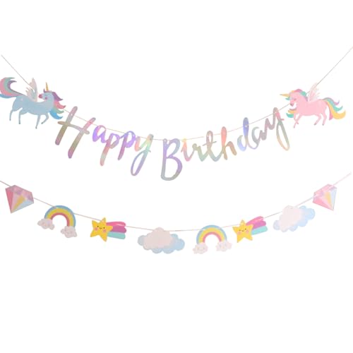 Einhorn Geburtstagsgirlande Set, Happy Birthday Banner, Regenbogen Wolken Sterne Dekoration, 2-teilig, Pastell, Girlande Happy Birthday, Geburtstag Girlande, Einhorn Party Deko Kindergeburtstag