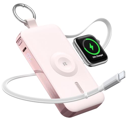 RORRY CharmGo Portable Charger 12000mAh 3 in 1 Power Bank with Built-in Retractable USB C Cable 30W Fast Charging Battery Pack with Keychain Travel Essentials for iPhone Apple Watch iPad Pink