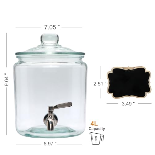 Accguan 1-Gallon Drink Dispenser,Glass Drinking Dispenser with Glass Lid,Mason Drink Dispenser for Parties, Bar, Wedding, Homemade Juice, Laundry Detergent Dispenser,Picnics, Barbecues and Daily,1 pcs