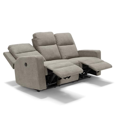 Divano reclinabile motorizzato Cesena a 3 posti, 2 reclinabili in maniera indipendente e 1 fisso, massima imbottitura, design adatto per ambienti classici e moderni (Tortora senza Kit Batteria)