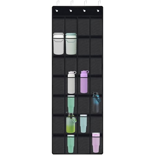 NiHome 28 Pockets Door Hanging Cup Organizer Fit for Stanley Tumbler, Black | Large Capacity Over the Door Water Bottle Organizer, Space-Saving Elastic Mesh Bottle Holder for Kitchen, Pantry, Classroom