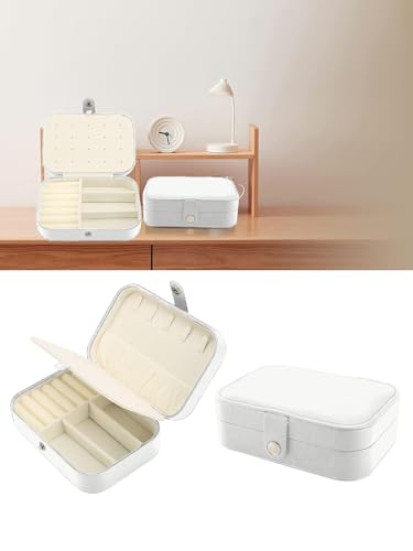 Image of Cortina Jewellery Organiser PU Leather Zipper | Portable Storage Box Case with Dividers | Container for Rings, Earrings, Necklace Home Organizer - White