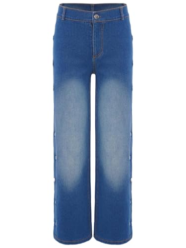 Kids Girls Straight Wide Leg Jeans High Elastic Waist Split Side Button Baggy Denim Pants with Pockets