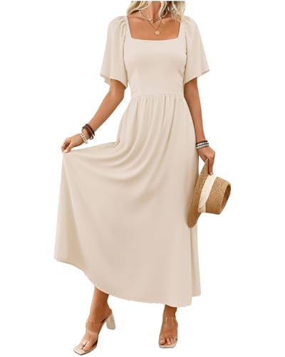 LIAMERHE Robe Longue Femme Été Élégante Col Carré Manches Volantes Chic Robes Maxi Ligne A Manches Courtes Taille Haute Fluide Style Bohème Robe de Plage...