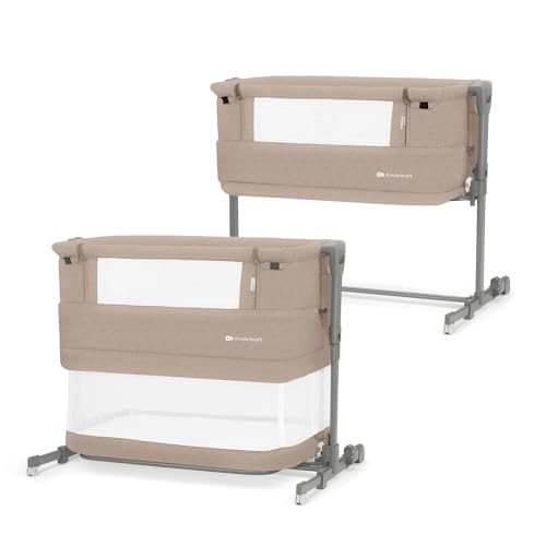 Kinderkraft Neste Grow 3-in-1 Co-Sleeping Cot for Baby, with Mattress, Easy Adjustment, From Birth to 2 Years, Good Air Circulation, Wheels, Beige