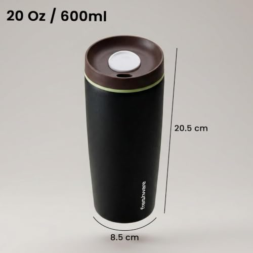 Image of Frenchware AeroMug Insulated Stainless Steel Coffee Tumbler, 600 ml | Smooth Sip Slider, Reusable, Hot & Cold Coffee Travel Mug, Carbon Black