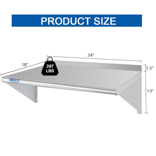 Image of HARDURA Stainless Steel Shelf 18 inch x 24 inch, 297lb Commercial Shelves Wall Mount Metal Shelving with Backsplash and Brackets for Kitchen, Restaurant, Laundry Room and Home