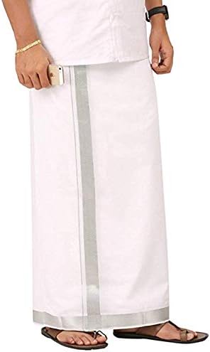 Kolakeer™ Men's Cotton Dhoti with Elegant Kasavu Zari Border - 3.6 Mtrs/8 Mulam/Double Layer South Indian Veshti Mundu (100K Silver Zari, White)