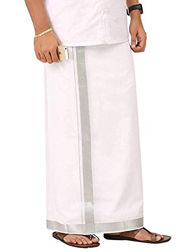 ™ Men's Cotton Dhoti with Elegant Kasavu Zari Border - 3.6 Mtrs/8 Mulam/Double Layer South Indian Veshti Mundu (100K Silver Zari, White)