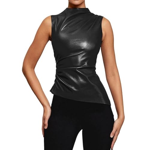 Damen PU-Leder Tank Top, Plissierter ärmelloser Stehkragen Party Top, Asymmetrischer geraffter Slim Fit Skinny Weste für Streetwear & Clubwear, Ungepolsterte unregelmäßige Saum Casual Basic Bluse
