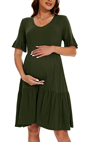 Smallshow Women's Maternity Dress Ruffle Short Sleeve Pregnancy Clothes Summer Medium,Army Green #TOP1